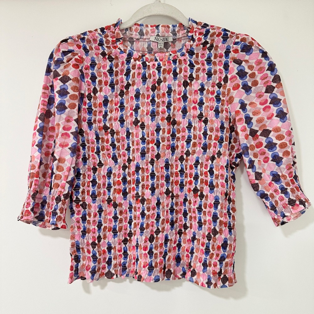 NIC+ZOE Mindfully Made Smocked Top Womens Small Multicolor Geometric Dot Print